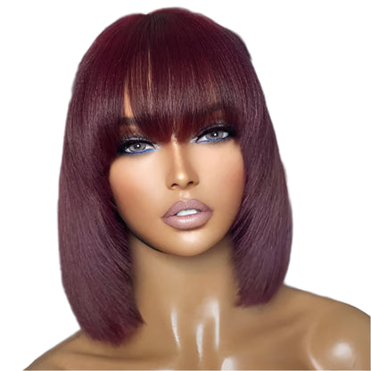 Yaki Straight Reddish Purple  Lace Bob Wig With Bang